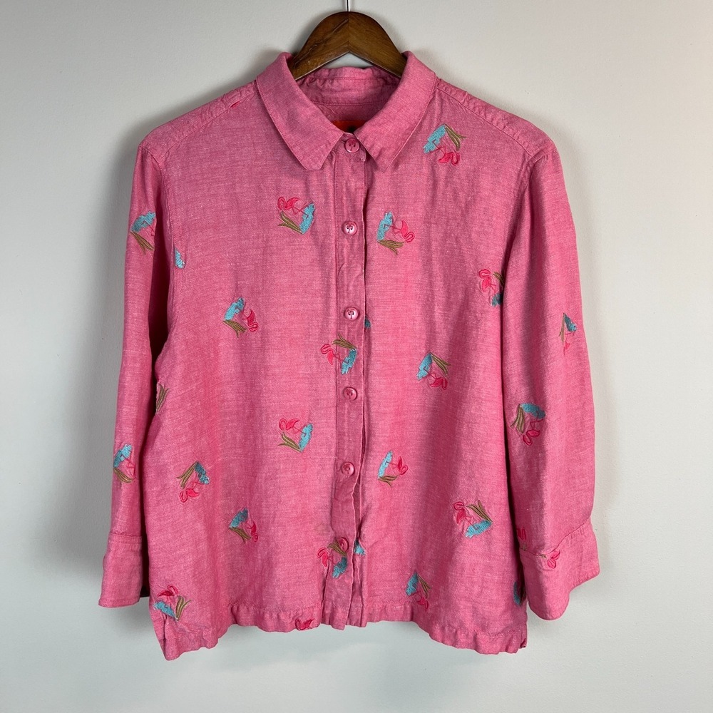 Hearts of Palm Flamingo Blouse Top‎ Womens 16 Pink Linen Button Down Embroidered